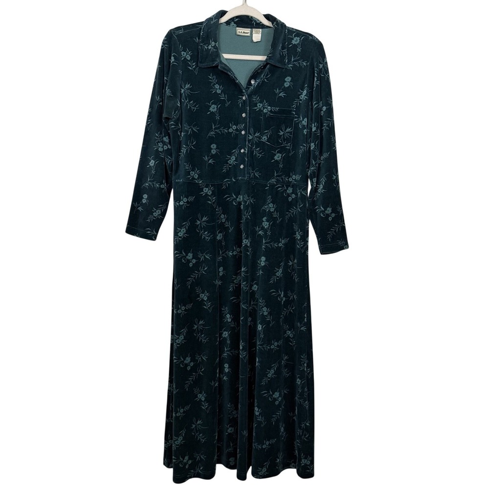 Vtg 90s L.L. Bean Velour Velvet Maxi Dress Sz M/L Green Floral Cottage Prairie
